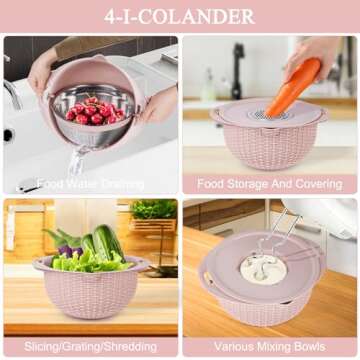 4 in 1 Colander with Mixing Bowl Set, Strainers for Kitchen, Food Strainers and Colanders,Pasta Rice Strainer, Fruit and Veggie Washer, Salad Spinner, Kitchen Essentials Strainer Basket Bowl(Pink)