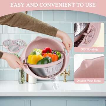 4 in 1 Colander with Mixing Bowl Set, Strainers for Kitchen, Food Strainers and Colanders,Pasta Rice Strainer, Fruit and Veggie Washer, Salad Spinner, Kitchen Essentials Strainer Basket Bowl(Pink)