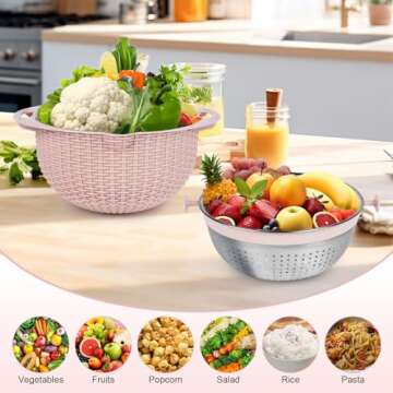 4 in 1 Colander with Mixing Bowl Set, Strainers for Kitchen, Food Strainers and Colanders,Pasta Rice Strainer, Fruit and Veggie Washer, Salad Spinner, Kitchen Essentials Strainer Basket Bowl(Pink)