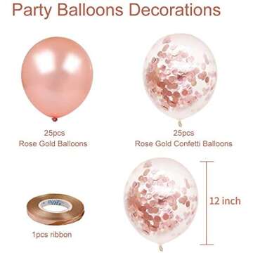 Rose Gold Confetti Latex Balloons, 50 pack 12 inch Birthday Balloons with 33 Feet Rose Gold Ribbon f...