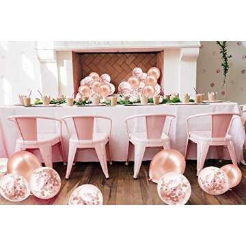 Rose Gold Confetti Latex Balloons, 50 pack 12 inch Birthday Balloons with 33 Feet Rose Gold Ribbon for Party Wedding Bridal Shower Decorations