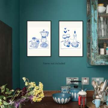 foefvpeft Cute Kitchen Canvas Wall Art, 2 Piece 16x24in Hand Drawn Vintage Blue Coffee Breakfast Posters, Wine Croissant Waffles Coffee Prints for Kitchen Dining Room Wall Decor Unframed