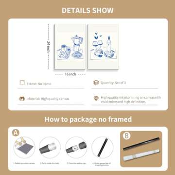 foefvpeft Cute Kitchen Canvas Wall Art, 2 Piece 16x24in Hand Drawn Vintage Blue Coffee Breakfast Posters, Wine Croissant Waffles Coffee Prints for Kitchen Dining Room Wall Decor Unframed