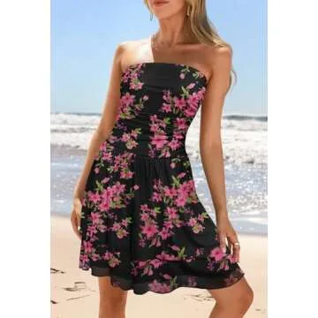 MEROKEETY Women's Summer Floral Strapless Tube Dress Boho Off Shoulder Ruffle Tiered Mini Sundress, Black, X-Large
