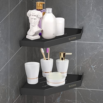 Corner Shower Caddy Bathroom Shelves, Adhesive 2 Tier Shower Caddy Corner No Drill or Drilling Stain...