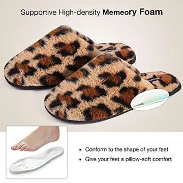Snug Leaves Women's Fuzzy Scuff Slippers Soft Comfy Memory Foam Non-slip Indoor House Shoes (Cheetah Brown, Size 7-8)