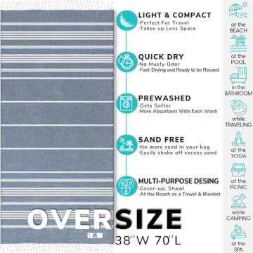 EPHESUS TOWELS Turkish Beach Towel - 38x70 inch Oversized - Sultan Design - Turkish Towel for Beach, Bath, Pool, Gym, Yoga - Prewashed, Lightweight, Quick Dry (Dark Blue, Sultan)