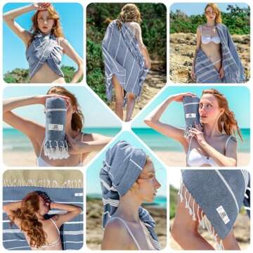 EPHESUS TOWELS Turkish Beach Towel - 38x70 inch Oversized - Sultan Design - Turkish Towel for Beach, Bath, Pool, Gym, Yoga - Prewashed, Lightweight, Quick Dry (Dark Blue, Sultan)