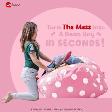 Wekapo Stuffed Animal Storage Bean Bag Chair Cover for Kids | Stuffable Zipper Beanbag for Organizing Children Plush Toys Large Premium Cotton Canvas (Pink Dot, X-Large)
