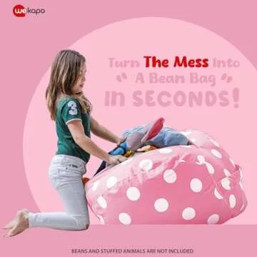 Wekapo Stuffed Animal Storage Bean Bag Chair Cover for Kids | Stuffable Zipper Beanbag for Organizing Children Plush Toys Large Premium Cotton Canvas (Pink Dot, X-Large)
