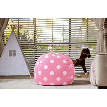Wekapo Stuffed Animal Storage Bean Bag Chair Cover for Kids | Stuffable Zipper Beanbag for Organizing Children Plush Toys Large Premium Cotton Canvas (Pink Dot, X-Large)