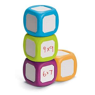 hand2mind Plastic Small Write-On/Wipe-Off Dice for Kids Ages 5-8, Dry Erase Surface On All Sides, Draw Letters, Numbers, and Numeral Operations, 4-Color Dice Measures 2-Inches (Pack of 4)