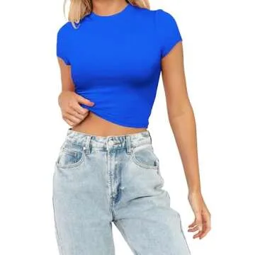 Allimy Women Short Sleeve T Shirts Sexy Baby Tees Y2K Ribbed Crop Tops Royal Blue S