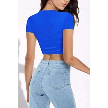 Allimy Women Short Sleeve T Shirts Sexy Baby Tees Y2K Ribbed Crop Tops Royal Blue S