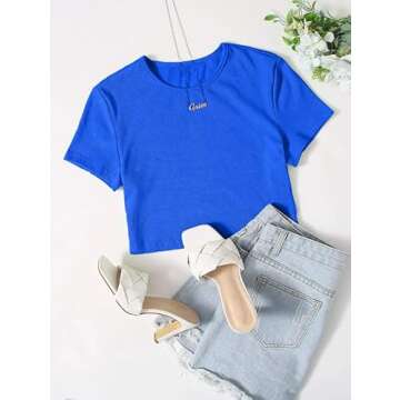 Allimy Women Short Sleeve T Shirts Sexy Baby Tees Y2K Ribbed Crop Tops Royal Blue S