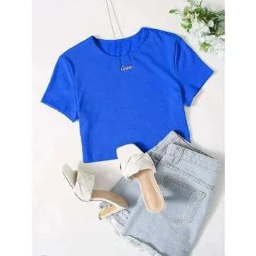 Allimy Women Short Sleeve T Shirts Sexy Baby Tees Y2K Ribbed Crop Tops Royal Blue S