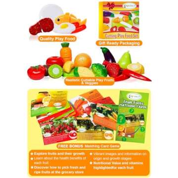 FUNERICA 37 PCS Cutting Play Pretend Food for Kids, Cuttable Fruits and Vegetables Kitchen Toy Accessories Set with Knives, Cutting Board, Plates, Educational Gift for Toddlers, Kids, Boys, Girls