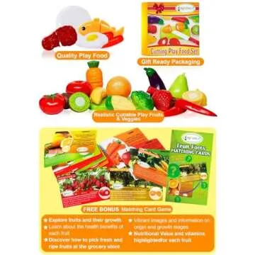 FUNERICA 37 PCS Cutting Play Pretend Food for Kids, Cuttable Fruits and Vegetables Kitchen Toy Accessories Set with Knives, Cutting Board, Plates, Educational Gift for Toddlers, Kids, Boys, Girls