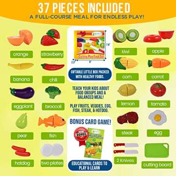 FUNERICA 37 PCS Cutting Play Pretend Food for Kids, Cuttable Fruits and Vegetables Kitchen Toy Accessories Set with Knives, Cutting Board, Plates, Educational Gift for Toddlers, Kids, Boys, Girls