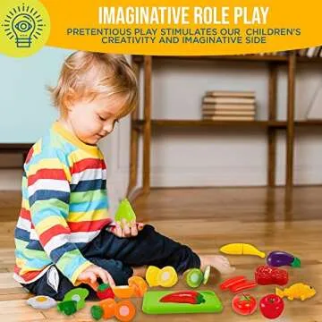 FUNERICA 37 PCS Cutting Play Pretend Food for Kids, Cuttable Fruits and Vegetables Kitchen Toy Accessories Set with Knives, Cutting Board, Plates, Educational Gift for Toddlers, Kids, Boys, Girls