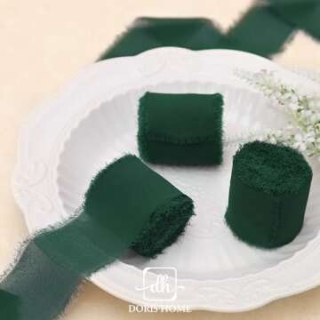 DORIS HOME Dark Green Chiffon Ribbon for Flower Bouquet, 2" x21Yd Fabric Ribbon for Gift Wrapping, Handmade Frayed Ribbon for Wedding, Chiffon Silk Ribbon for Christmas Decorations