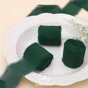 DORIS HOME Dark Green Chiffon Ribbon for Flower Bouquet, 2" x21Yd Fabric Ribbon for Gift Wrapping, Handmade Frayed Ribbon for Wedding, Chiffon Silk Ribbon for Christmas Decorations