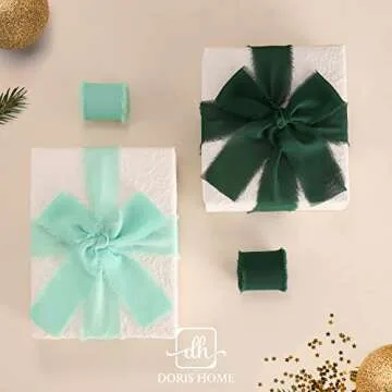 DORIS HOME Dark Green Chiffon Ribbon for Flower Bouquet, 2" x21Yd Fabric Ribbon for Gift Wrapping, Handmade Frayed Ribbon for Wedding, Chiffon Silk Ribbon for Christmas Decorations