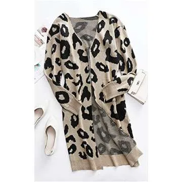 Angashion Women's Cardigan Long Sleeves Leopard Print Knitting Sweater Open Front Warm Outwear Coats Khaki S