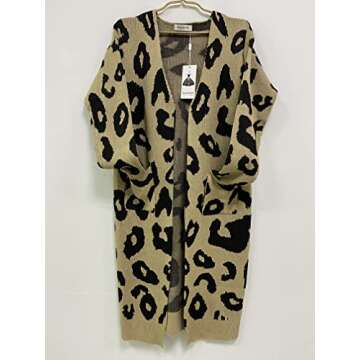 Angashion Women's Cardigan Long Sleeves Leopard Print Knitting Sweater Open Front Warm Outwear Coats Khaki S