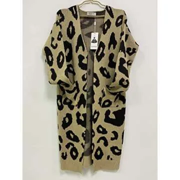 Angashion Women's Cardigan Long Sleeves Leopard Print Knitting Sweater Open Front Warm Outwear Coats Khaki S