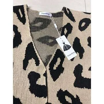 Angashion Women's Cardigan Long Sleeves Leopard Print Knitting Sweater Open Front Warm Outwear Coats Khaki S