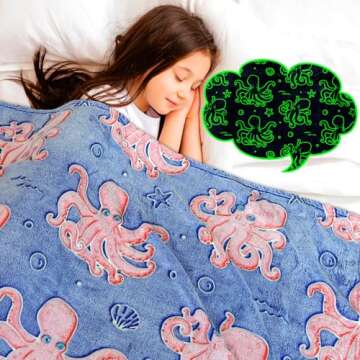 Octopus Blanket Glow in The Dark Ocean Blanket Soft Pink Octopus Gifts Toys Decor Blue Fleece Kids B...