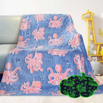 Octopus Blanket Glow in The Dark Ocean Blanket Soft Pink Octopus Gifts Toys Decor Blue Fleece Kids Blanket Throw for Boys Girls Teens Birthday