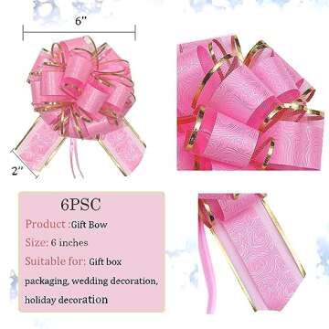 6 PCS Large Pull Bows,Pink Bows for Gift Wrapping,6 inches Pattern Series,Party Birthday Holiday Gift Wrapping Bow, Christmas, Valentine's Day Present Decoration Bow(Pink)