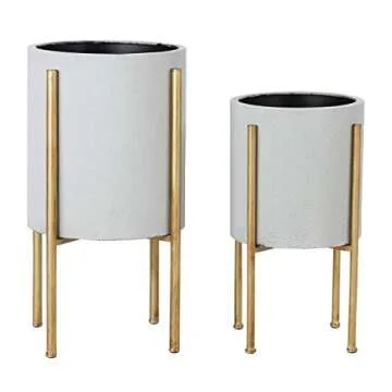 Stylish Grey Mid Century Plant Stand Set with Gold Accents