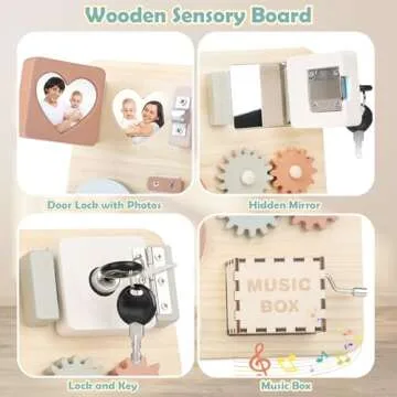 Joyreal Montessori Busy Board for Toddlers - Wooden Sensory Board Activity Board for Fine Motor Skills, Travel Baby Busy Board Sensory Toys for Kids