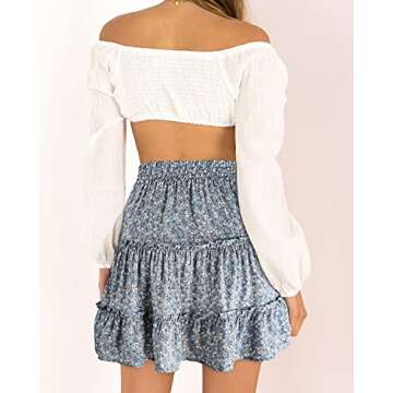 Alelly Women's Summer Cute High Waist Ruffle Skirt Floral Print Swing Beach Mini Skirt Blue