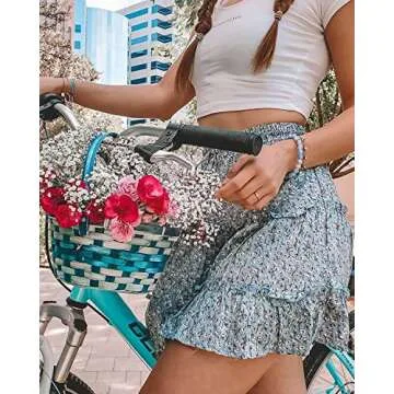 Alelly Women's Summer Cute High Waist Ruffle Skirt Floral Print Swing Beach Mini Skirt Blue