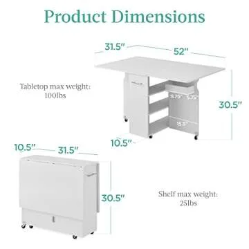 Best Choice Products Folding Dining Table, Multipurpose Space Saving Collapsible Drop Leaf Extension Desk w/Wheels, 3 Storage Shelves - White