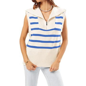 Ebifin Womens Striped Zipper Sweater Vest Tank Tops Lapel Summer Sleeveless Pullover Casual Lightweight Knit Top Blue