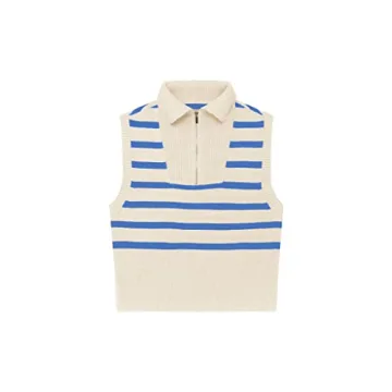 Ebifin Womens Striped Zipper Sweater Vest Tank Tops Lapel Summer Sleeveless Pullover Casual Lightweight Knit Top Blue