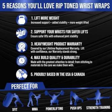 Rip Toned 18” Wrist Wraps - Wrist Straps Used for Weightlifting - Lift More, Protect Wrist Pain - Adjustable, Durable, Machine Washable - Wrist Brace for Weightlifting - USPA Endorsed for Men & Women