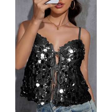 Sexy Flowy Sparkle Sequin Tank Tops for Women Lace Spaghetti Strap V Neck Tie Split Front Glitter Club Outfits Ruched Shiny Party Going Out Crop Cami Shirts(Sequin Black S)