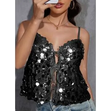 Sexy Flowy Sparkle Sequin Tank Tops for Women Lace Spaghetti Strap V Neck Tie Split Front Glitter Club Outfits Ruched Shiny Party Going Out Crop Cami Shirts(Sequin Black S)
