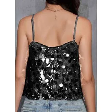 Sexy Flowy Sparkle Sequin Tank Tops for Women Lace Spaghetti Strap V Neck Tie Split Front Glitter Club Outfits Ruched Shiny Party Going Out Crop Cami Shirts(Sequin Black S)