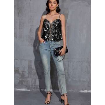 Sexy Flowy Sparkle Sequin Tank Tops for Women Lace Spaghetti Strap V Neck Tie Split Front Glitter Club Outfits Ruched Shiny Party Going Out Crop Cami Shirts(Sequin Black S)