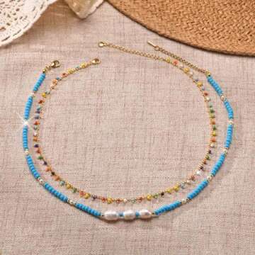 MPRAINBOW Boho Colorful Beaded Choker Necklaces - 2pcs Summer Layered Chokers Necklace Women Beach Surfer Trendy Jewelry Gifts,Hawaiian Rainbow Flower Bead Necklace Chain for Her Friend