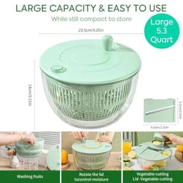 Large Salad Spinner and Slicer - 5.3 Qt, Grater with Container and Lid & Kitchen Gadget set, Vegetable Dryer Grater, with Large Mixing Bowl, with Slicer and Shredder (Light Green)