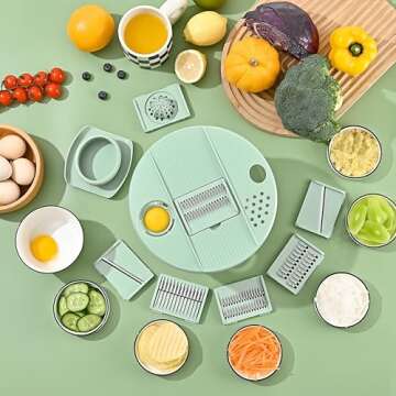 Large Salad Spinner and Slicer - 5.3 Qt, Grater with Container and Lid & Kitchen Gadget set, Vegetable Dryer Grater, with Large Mixing Bowl, with Slicer and Shredder (Light Green)