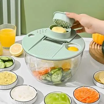 Large Salad Spinner and Slicer - 5.3 Qt, Grater with Container and Lid & Kitchen Gadget set, Vegetable Dryer Grater, with Large Mixing Bowl, with Slicer and Shredder (Light Green)